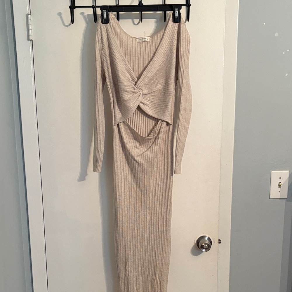 Beige Ribbed Knit Dress with Twist Front